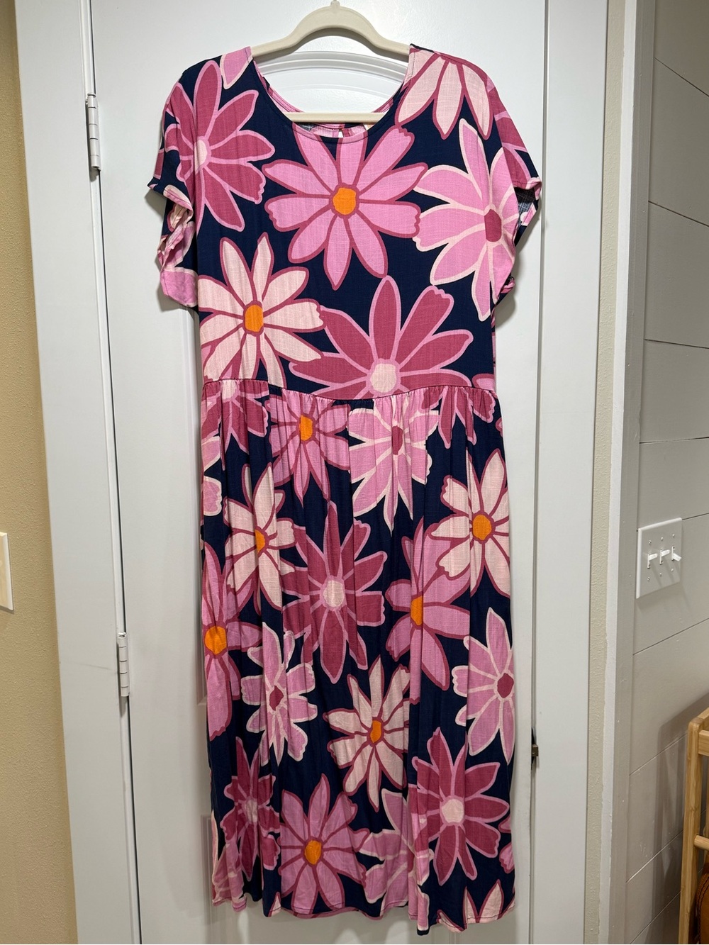 LuLaRoe Lorene Navy Dress with Pink Floral Daisies